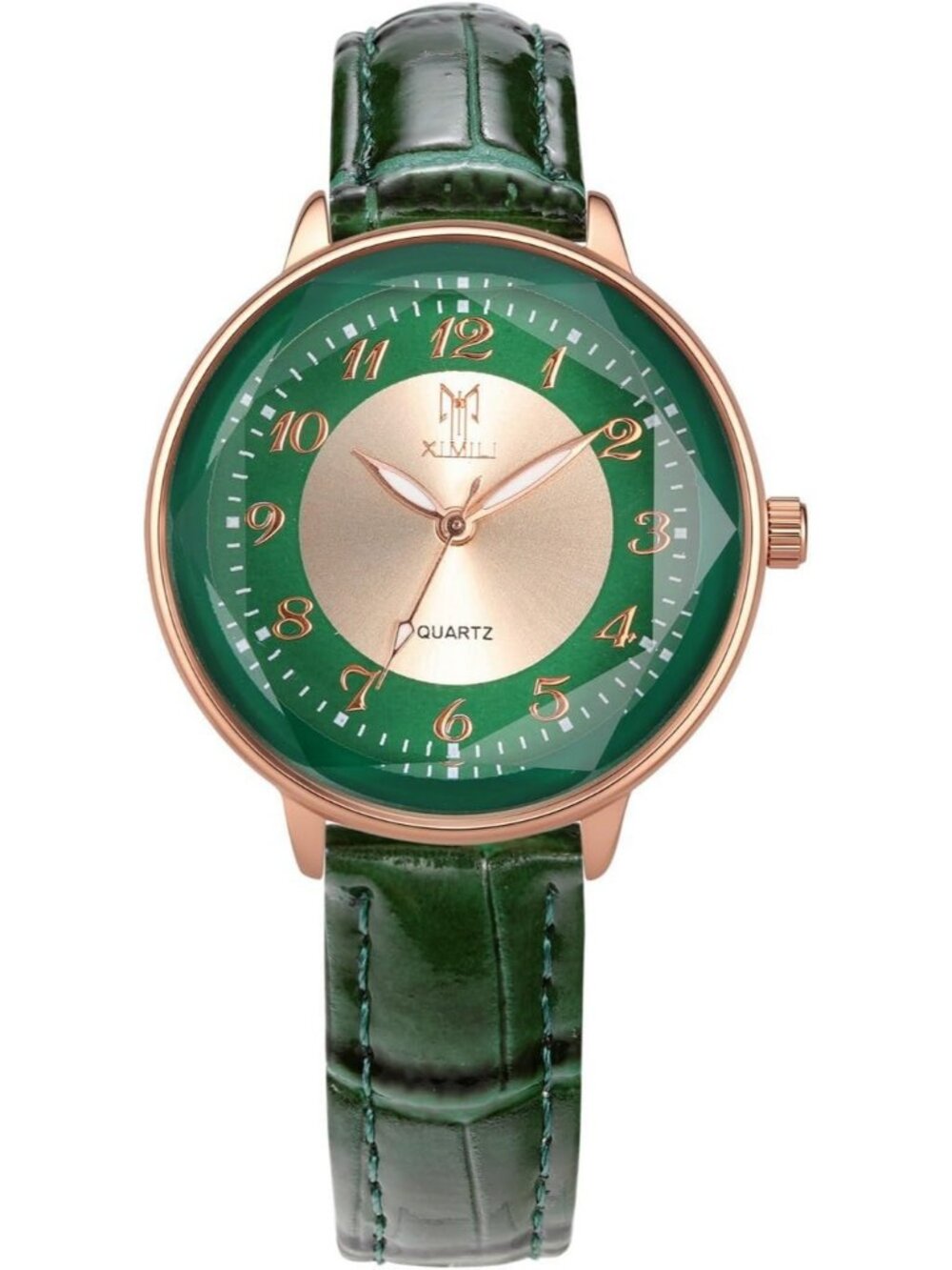 Women's Green Leather Big Face Easy to Read Analog Quartz Arabic Dial Wristwatch